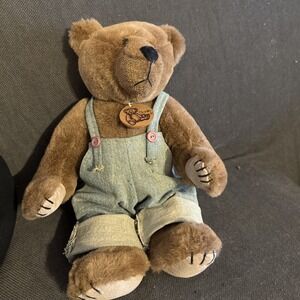 VINTAGE TEDDY BEAR PLUSH 14 Inches BONITA BLUE JEANS‎ BIBS APPLAUSE TAG CUTE